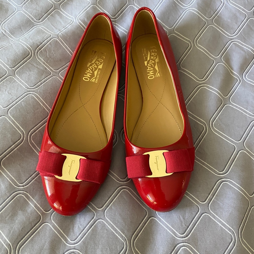 Salvatore Ferragamo Red Patent Leather Vara Bow Flats